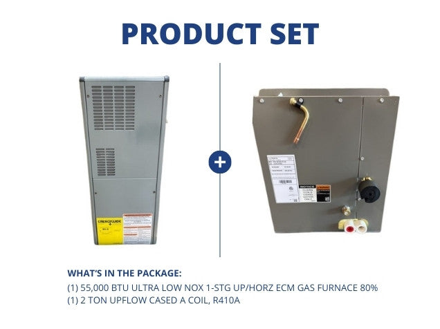 55,000 BTU Ultra Low NOx 1-Stg Upflow/Horizontal ECM Gas Furnace 80% with 2 Ton Upflow Cased A Coil