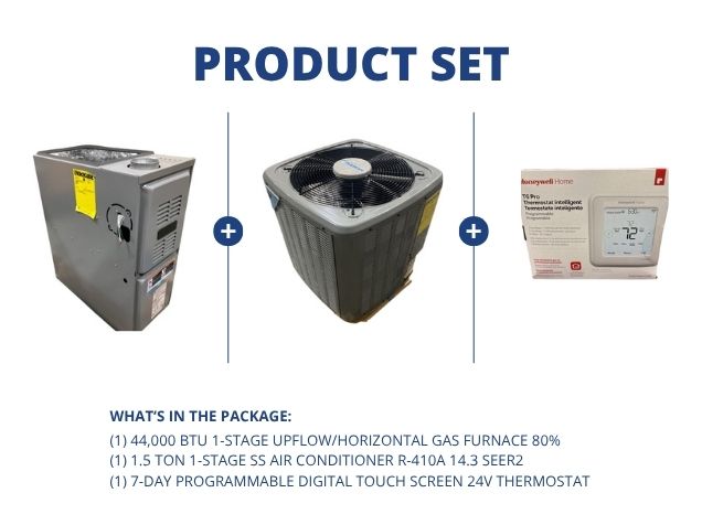 44,000 BTU 1-Stg Up/Horz Gas Furnace 80%, 1.5 Ton 1-Stg SS AC R-410A 14.3 SEER2 with 24V Thermostat