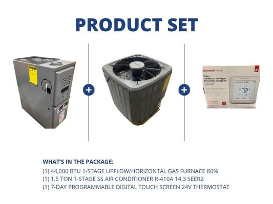 44,000 BTU 1-Stg Up/Horz Gas Furnace 80%, 1.5 Ton 1-Stg SS AC R-410A 14.3 SEER2 with 24V Thermostat