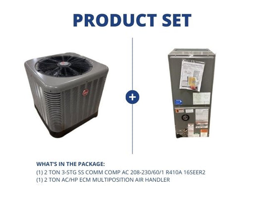 2 Ton 3-Stg SS Comm Comp AC 208-230/60/1 R410A 16SEER2 and 2 Ton AC/HP ECM Multiposition Air Handler