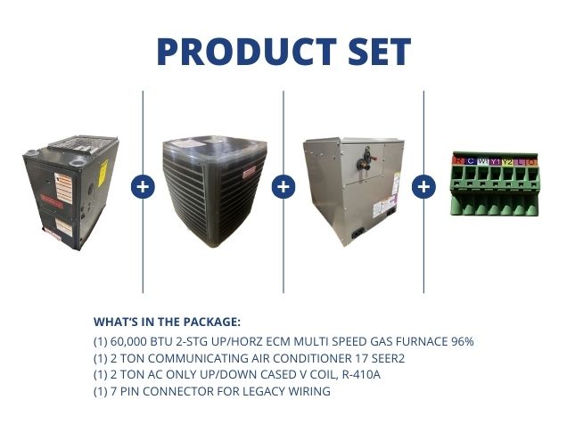 60,000 BTU Up/Horz Gas Furnace 96%, 2 Ton Comm AC 17 SEER2, 2 Ton AC Up/Down V Coil, 7 Pin Connector