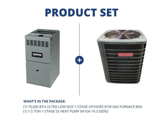 70,000 BTU Ultra Low NOx 1-Stg Up/Horz ECM Gas Furnace 80% with 1.5 Ton 1-Stg SS HP R410A 14.3 SEER2