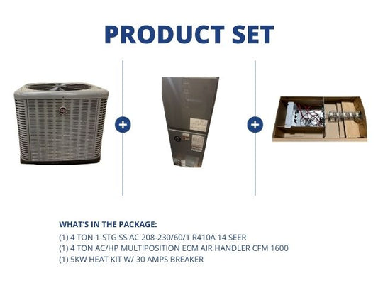 4 Ton 1-Stg SS AC 14 SEER, 4 Ton AC/HP Multiposition ECM Air Handler and 5Kw Heat w/ 30Amps Breaker