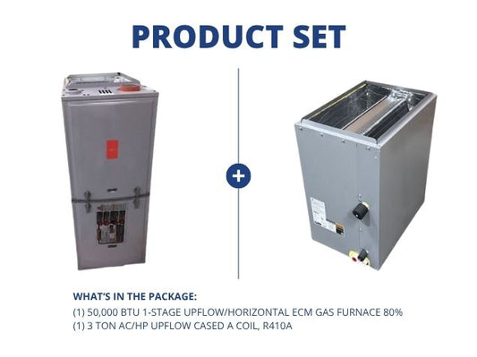 50,000 BTU 1-Stg Up/Horz ECM Gas Furnace 80% 115/60/1 with 3 Ton AC/HP Upflow Cased A Coil, R410A