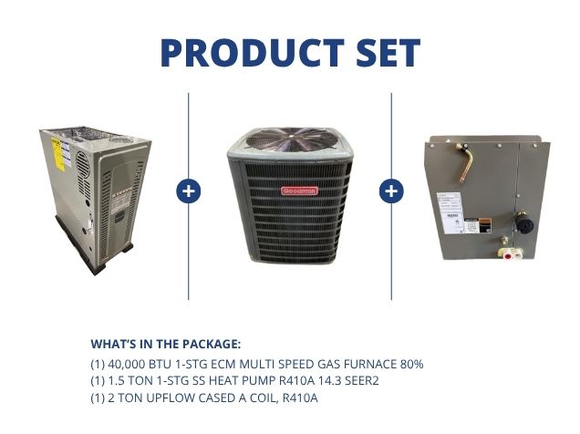 40,000 BTU Multi ECM Gas Furnace 80%, 1.5 Ton SS HP R410A 14.3 SEER2 with 2 Ton Upflow Cased A Coil