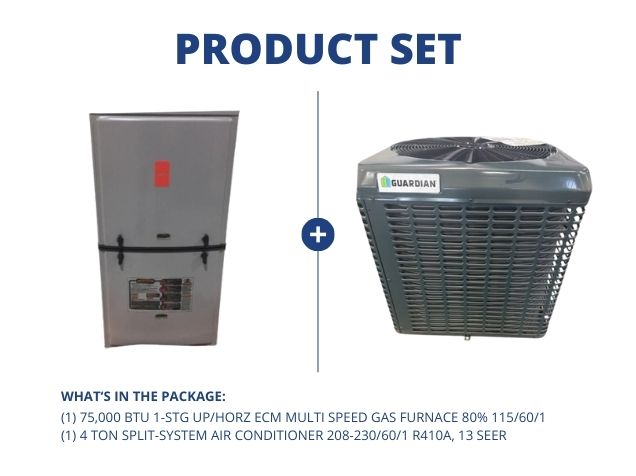 75,000 BTU 1-Stg Up/Horz ECM Multi Speed Gas Furnace 80% and 4 Ton SS AC 208-230/60/1 R410A, 13 SEER