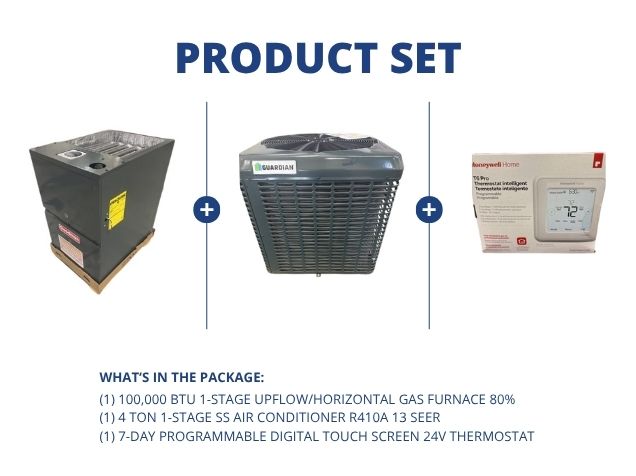 100,000 BTU 1-Stg Up/Horz Multi Gas Furnace 80%, 4 Ton 1-Stg SS AC R410A 13 SEER, and 24V Thermostat