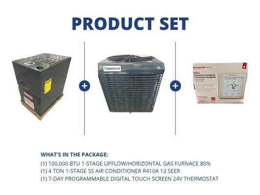 100,000 BTU 1-Stg Up/Horz Multi Gas Furnace 80%, 4 Ton 1-Stg SS AC R410A 13 SEER, and 24V Thermostat