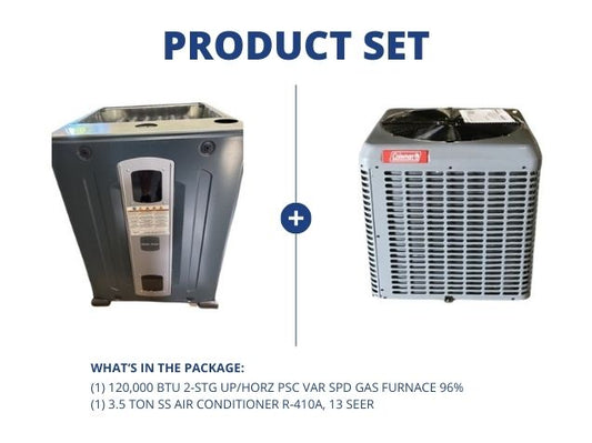 120,000 BTU 2-Stg Up/Horz PSC Var Spd Gas Furnace 96% and 3.5 Ton SS Air Conditioner R-410A, 13 SEER