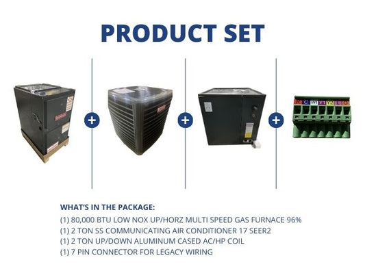80,000 BTU Low NOx Up/Horz ECM Gas Furnace 96%, 2 Ton SS Comm AC 17 SEER2, 2 Ton Up/Down Cased Coil