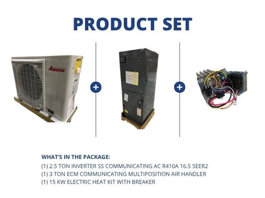2.5 Ton Inverter Comm AC R410A 15.2 SEER2, 3 Ton ECM Comm Multi Air Handler, 15KW Heat with Breaker