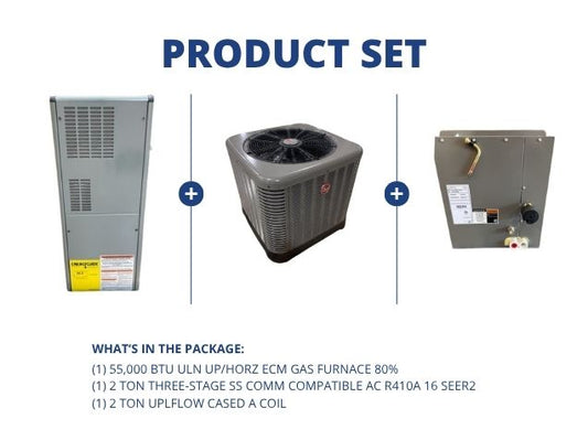 55,000 BTU ULN Up/Horz ECM Gas Furnace 80%, 2 Ton SS Comm Compatible AC 16 SEER2 and 2 Ton Up A Coil