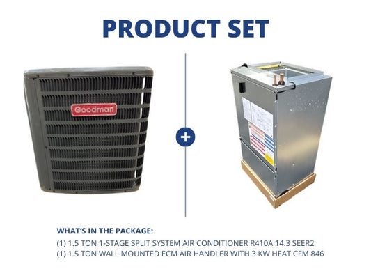 1.5 Ton 1-Stg SS AC R410A 14.3 SEER2 and 1.5 Ton Wall Mounted ECM Air Handler With 3 KW Heat CFM 846