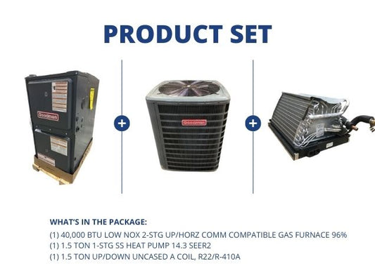 40,000 BTU Low NOx Comm Comp Gas Furnace 96%, 1.5 Ton HP 14.3 SEER2 and 1.5 Ton Up/Down Uncased Coil