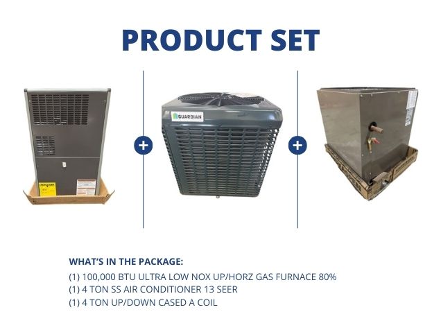 100,000 BTU Ultra Low NOx Up/Horz Gas Furnace 80%, 4 Ton SS AC 13 SEER, 4 Ton Up/Down Cased A Coil