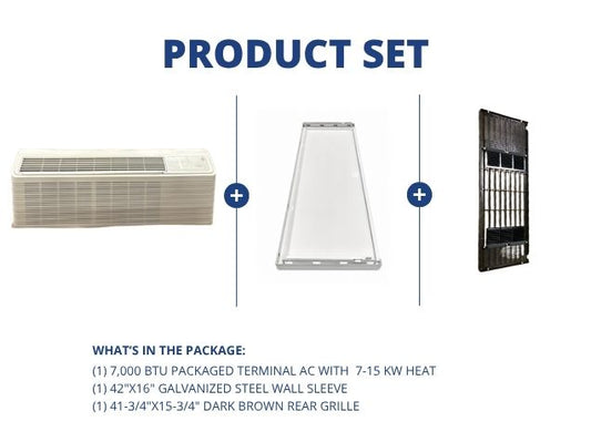 7,000 BTU Packaged Terminal HP W/ 7-15 KW Heat, 42"x16" Wall Sleeve and 41-3/4"x15-3/4" Rear Grille