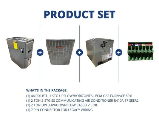 44,000 BTU Up/Horz Gas Furnace 80%, 2 Ton Comm AC 17 SEER2, 2 Ton Up/Down V Coil and 7 Pin Connector
