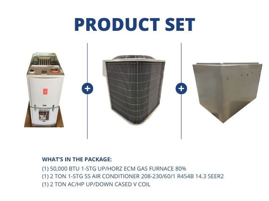50,000 BTU 1-Stg Up/Horz Gas Furnace 80%, 2 Ton 1-Stg SS AC 14.3 SEER2, 2 Ton Up/Down Cased V Coil