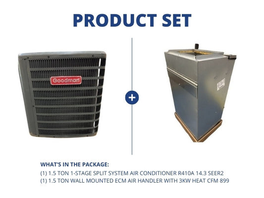 1.5 Ton 1-Stg SS AC R410A 14.3 SEER2 with 1.5 Ton Wall Mounted ECM Air Handler With 3Kw Heat CFM 899