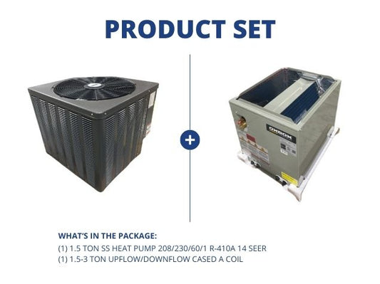 1.5 Ton SS Heat Pump 208/230/60/1 R-410A 14 SEER with 1.5-3 Ton Upflow/Downflow Cased A Coil, R410A
