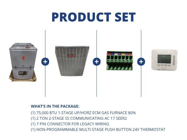 75,000 BTU Up/Horz Gas Furnace 80%, 2 Ton 2-Stg Comm AC 17 SEER2, 7 Pin Connector, 24V Thermostat