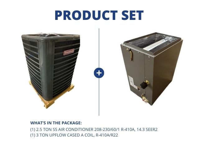 2.5 Ton SS Air Conditioner 208-230/60/1 R-410A, 14.3 SEER2 and 3 Ton Upflow Cased A Coil, R-410A/R22