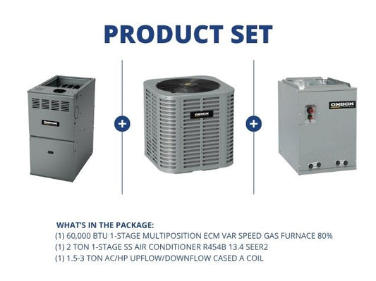 60,000 BTU Multi ECM Gas Furnace 80%, 2 Ton 1-Stg AC R454B 13.4 SEER2, 1.5-3 Ton Up/Down Cased Coil