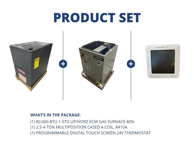 80,000 BTU 1-Stg Up/Horz ECM Gas Furnace 80%, 2.5-4 Ton Multiposition Cased Coil and 24V Thermostat