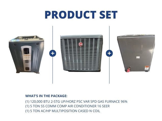 120,000 BTU Up/Horz PSC Gas Furnace 96%, 5 Ton SS Comm Comp AC 16 SEER with 5 Ton Multi Cased N Coil