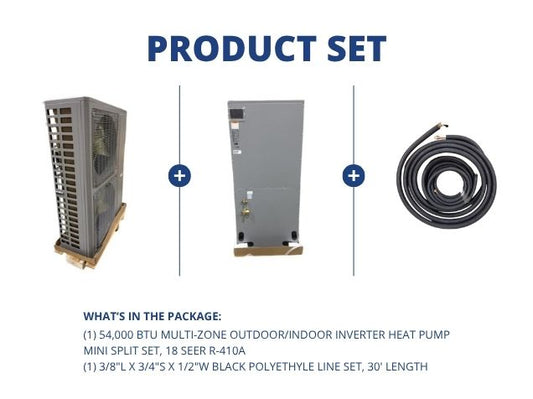 54,000 BTU Multi-Zone Outdoor/Indoor Inverter Heat Pump Mini Split Set, 18 SEER R-410A with Line Set