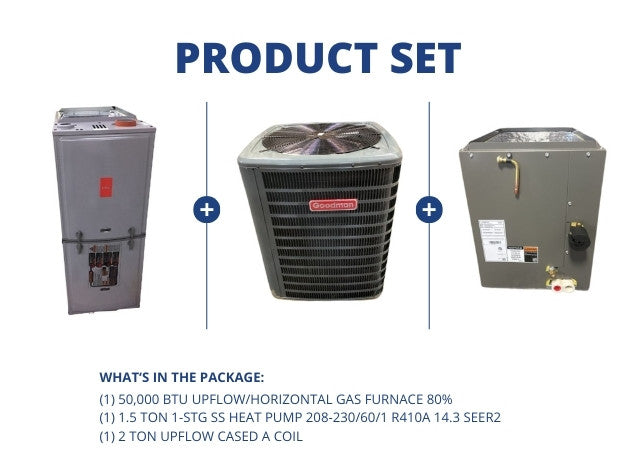 50,000 BTU Up/Horz Gas Furnace 80% and 1.5 Ton Stg SS HP 14.3 SEER2 and 2 Ton Upflow Cased A Coil