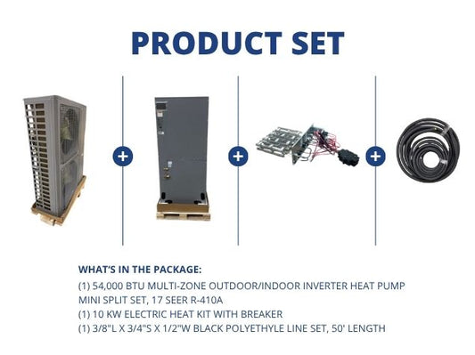54,000 BTU Multi-Zone Inverter Heat Pump Mini Split Set, 17 SEER R-410A, 10 KW Heat with Line Set