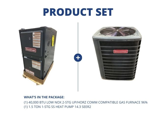 40,000 BTU Low NOx 2-Stg Up/Horz Comm Compatible Gas Furnace 96% with 1.5 Ton 1-Stg SS HP 14.3 SEER2