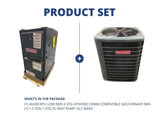40,000 BTU Low NOx 2-Stg Up/Horz Comm Compatible Gas Furnace 96% with 1.5 Ton 1-Stg SS HP 14.3 SEER2