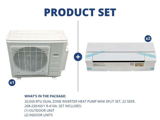 18,000 BTU Dual Zone Inverter Heat Pump Mini Split Set, 22 SEER, 208-230/60/1 R-410A