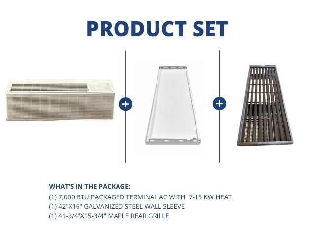 7,000 BTU Packaged Terminal AC W/ 7-15 KW Heat, 42"x16" Wall Sleeve and 41-3/4"x15-3/4" Rear Grille