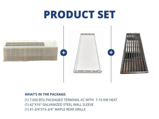 7,000 BTU Packaged Terminal AC W/ 7-15 KW Heat, 42"x16" Wall Sleeve and 41-3/4"x15-3/4" Rear Grille