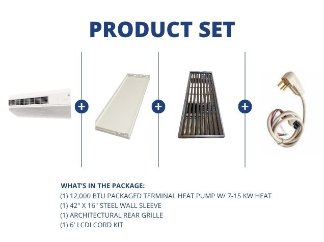 12,000 BTU Packaged Terminal HP W/ 7-15 KW Heat, R-410A, Wall Sleeve, Rear Grille with LCDI Cord Kit