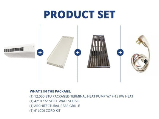 12,000 BTU Packaged Terminal HP W/ 7-15 KW Heat, R-410A, Wall Sleeve, Rear Grille with LCDI Cord Kit