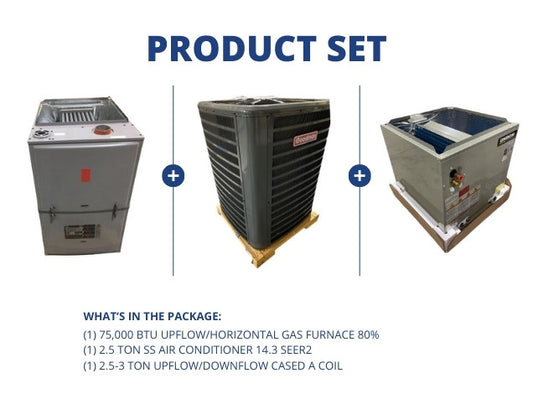 75,000 BTU Up/Horz Gas Furnace 80% with 2.5 Ton SS AC 14.3 SEER2 with 2.5-3 Ton Up/Down Cased A Coil