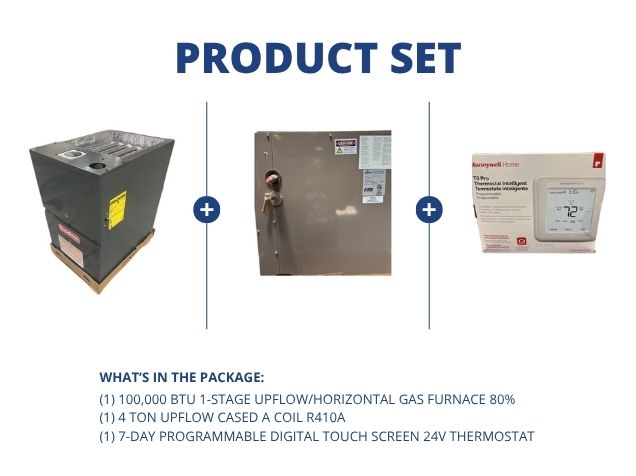 100,000 BTU 1-Stg Up/Horz ECM Gas Furnace 80%, 4 Ton Upflow Cased A Coil, R410A and 24V Thermostat