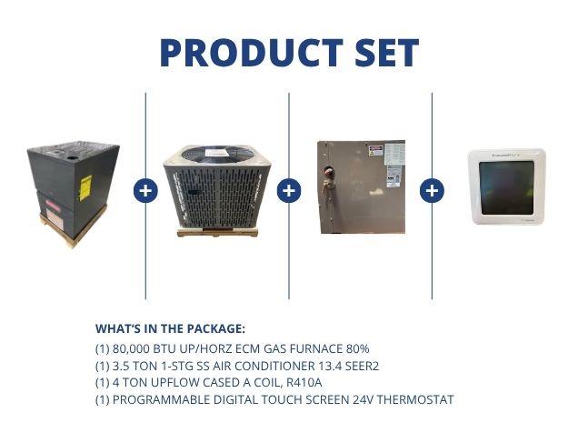 80,000 BTU Up/Horz ECM Gas Furnace 80%, 3.5 SS AC 13.4 SEER2, 4 Ton Upflow A Coil and 24V Thermostat