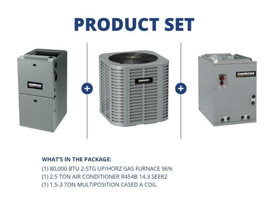 80,000 BTU 2-Stg Up/Horz Gas Furnace 96%, 2.5 Ton AC R454B 14.3 SEER2, 1.5-3 Ton Multi Cased A Coil