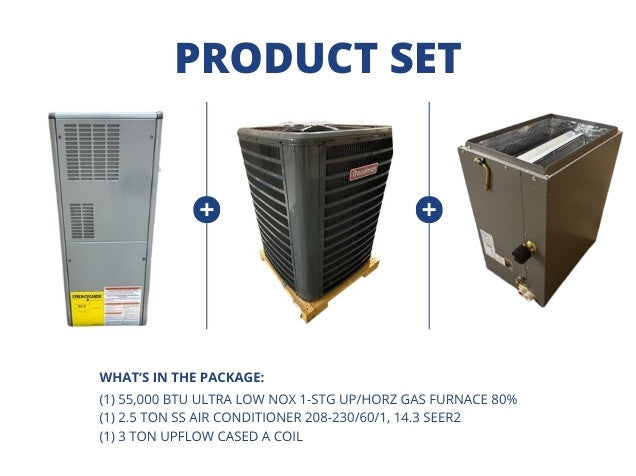 55,000 BTU ULN Up/Horz Gas Furnace 80% with 2.5 Ton SS AC 14.3 SEER2 with 3 Ton Upflow Cased A Coil