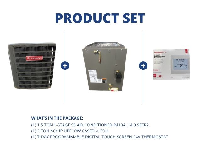 1.5 Ton SS Air Conditioner R410A, 14.3 SEER2, 2 Ton AC/HP Upflow Cased A Coil, R410A with Thermostat