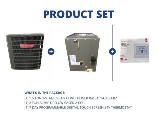 1.5 Ton SS Air Conditioner R410A, 14.3 SEER2, 2 Ton AC/HP Upflow Cased A Coil, R410A with Thermostat