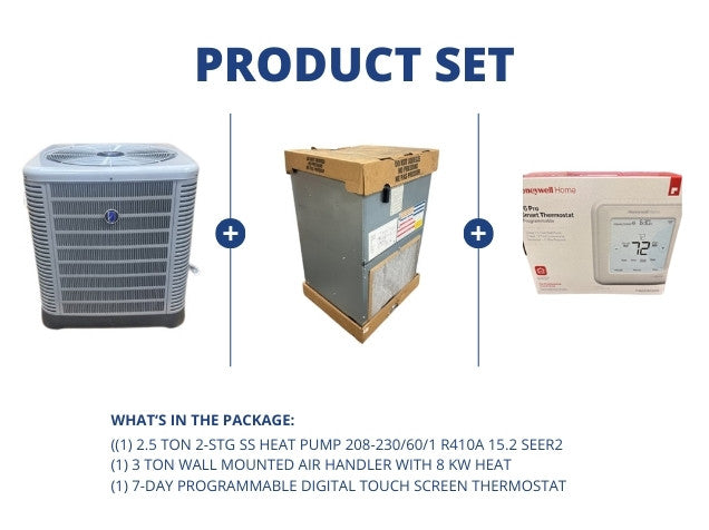 2.5 Ton SS HP 15.2 SEER2 and 3 Ton Wall Mnt Air Handler with 8 KW Heat and Programmable Thermostat