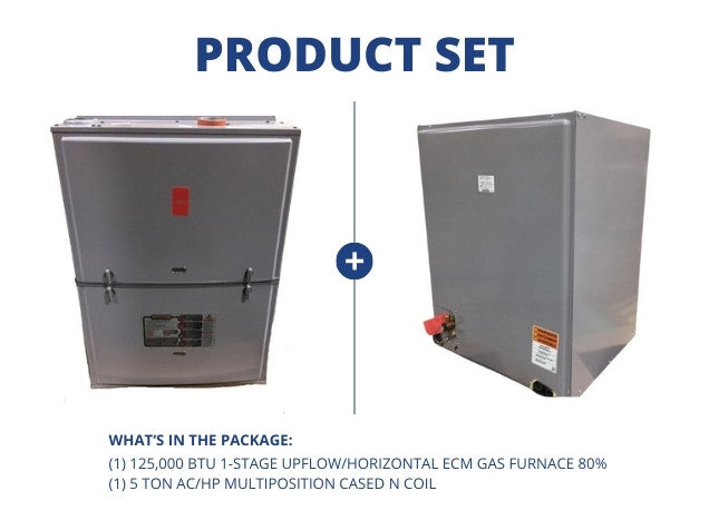 125,000 BTU 1-Stg Upflow/Horizontal ECM Gas Furnace 80% with 5 Ton AC/HP Multiposition Cased N Coil