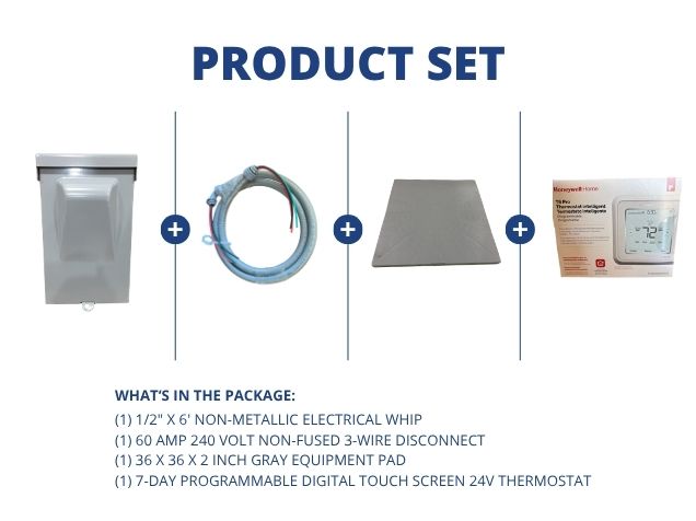 1/2" X 6' Electrical Whip with 60A 240V 3-Wire Disconnect and Gray Equipment Pad, and 24V Thermostat