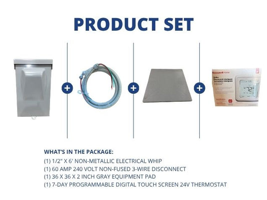 1/2" X 6' Electrical Whip with 60A 240V 3-Wire Disconnect and Gray Equipment Pad, and 24V Thermostat